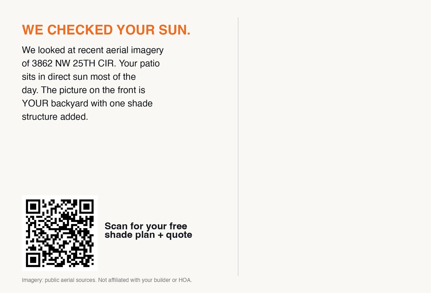 Back of the postcard: headline 'We checked your sun', personalized copy naming the street address, QR code offering a free shade plan and quote