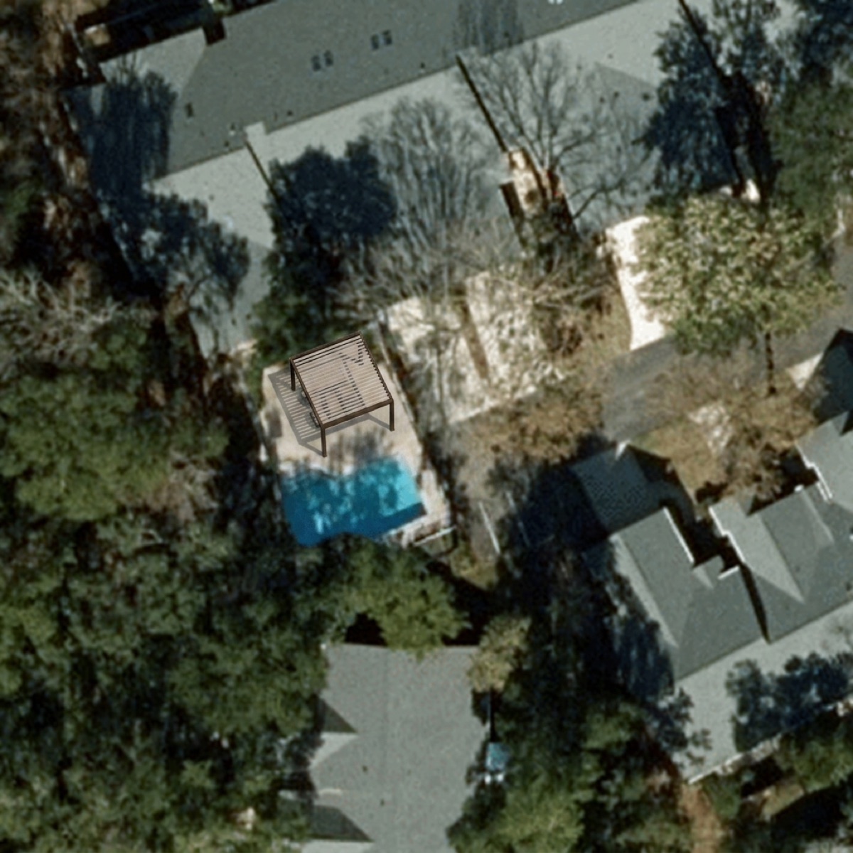 AI render: aerial view of a real backyard pool patio with a bronze slatted pergola composited onto the pool deck